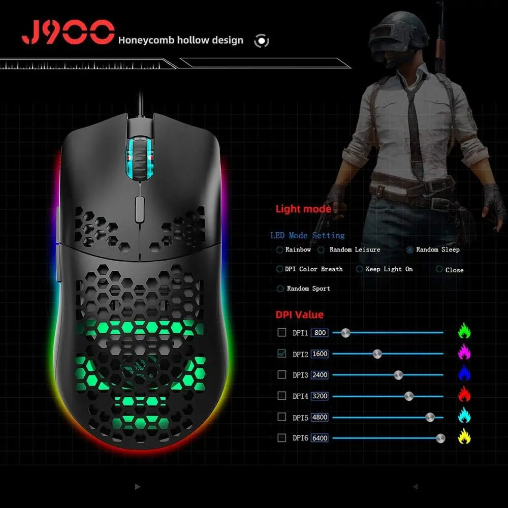 HXSJ J900 USB Wired Gaming Mouse RGB Gaming Mouse with Six Adjustable DPI Ergonomic Design