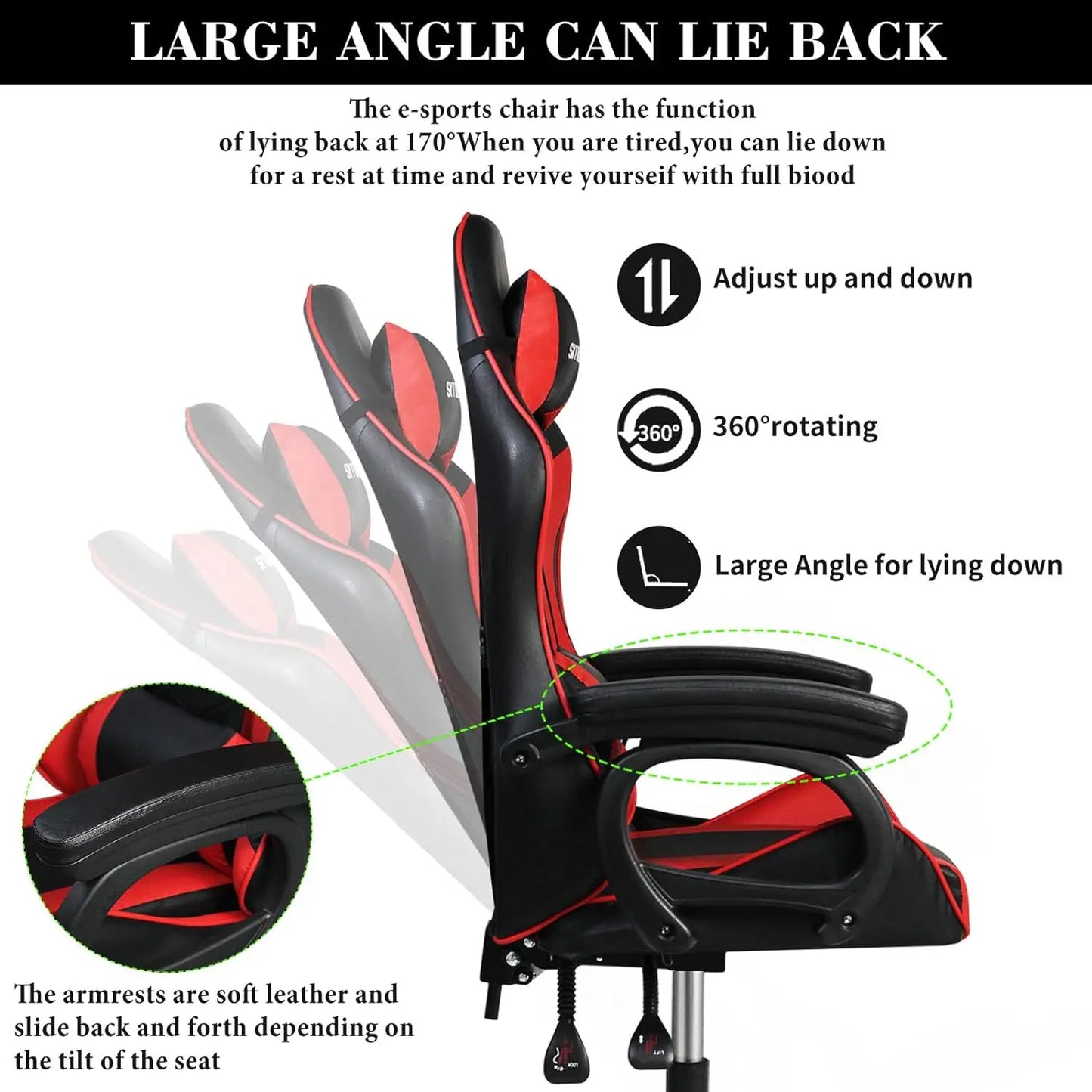 Gaming chair Adjustable Computer chair Pc office Pu Leather HighBack, Ergonomic Lumbar Support,Armrest  Pillow Red