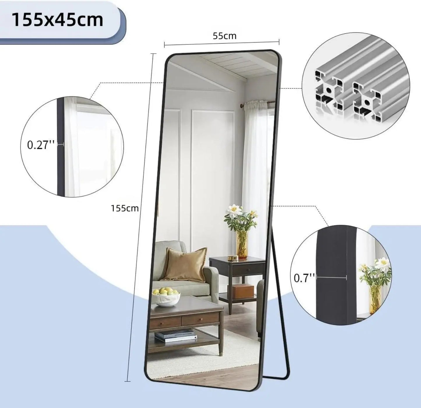 Full Body Mirror 155x45cm, Floor Mirrors with Aluminum Alloy Frame Free-Standing Leaning Large Bedroom Dressing Mirror,  black