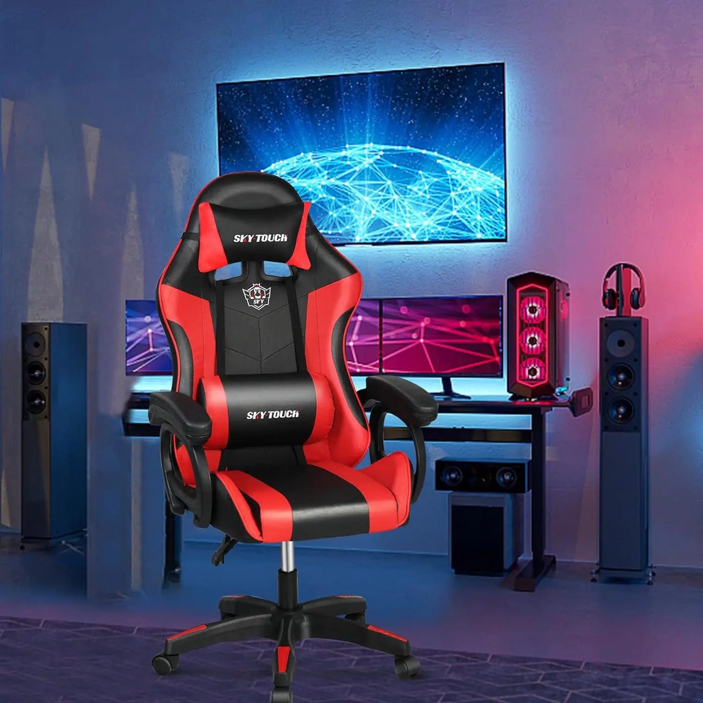 Gaming chair Adjustable Computer chair Pc office Pu Leather HighBack, Ergonomic Lumbar Support,Armrest  Pillow Red