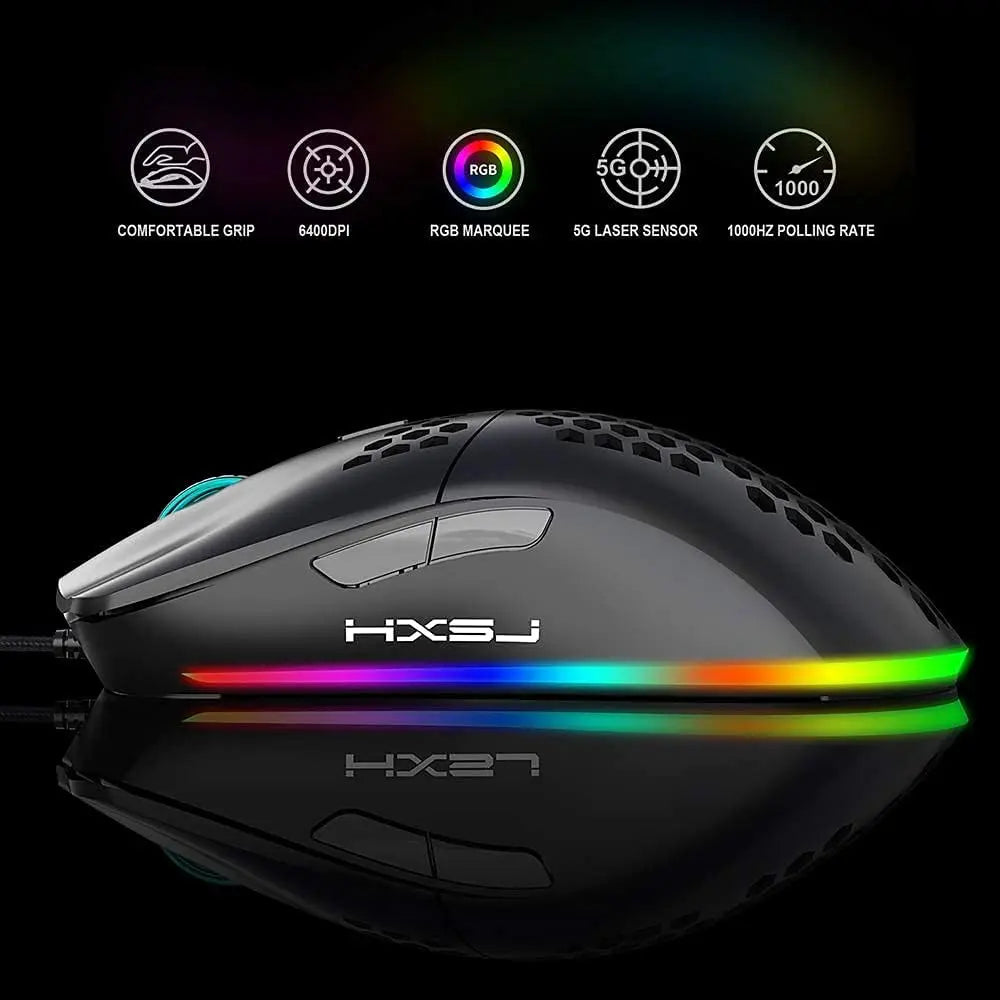 HXSJ J900 USB Wired Gaming Mouse RGB Gaming Mouse with Six Adjustable DPI Ergonomic Design