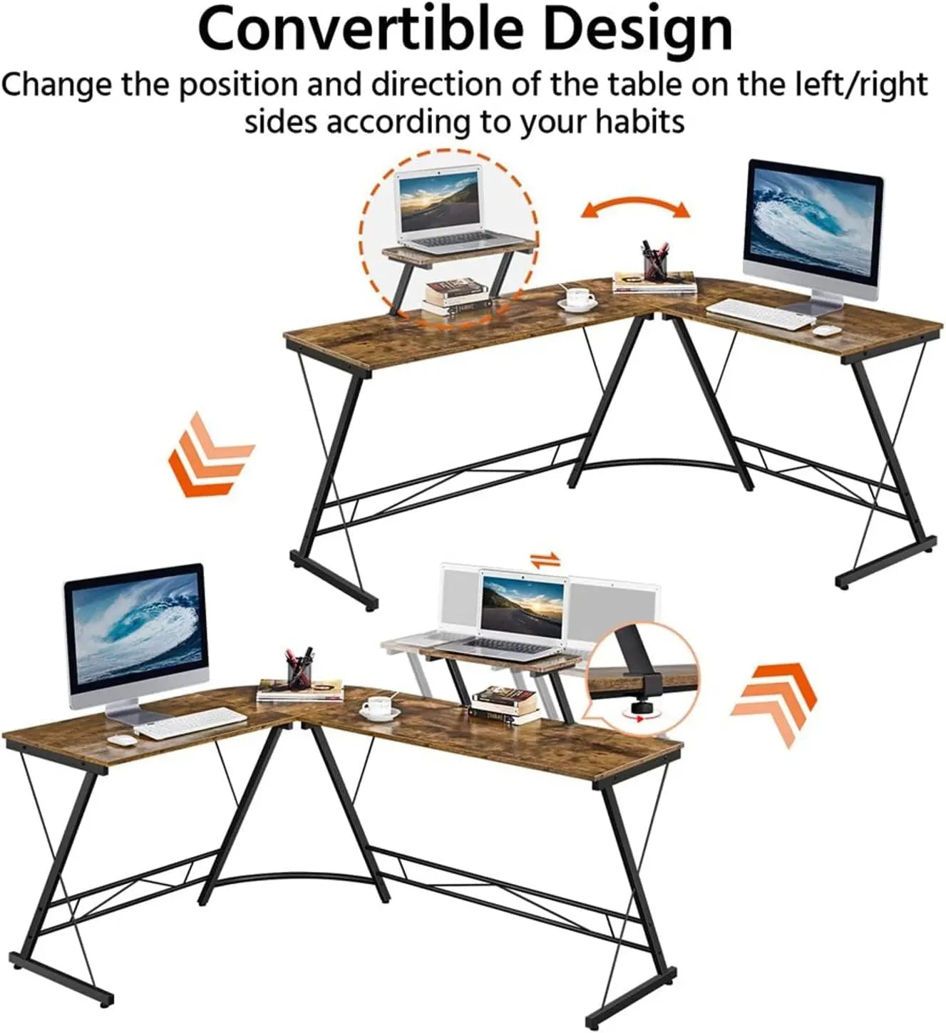 L Shaped Gaming Desk Home Office Desk，Round Corner And Shelf With Monitor Stand Desk Wood,Natural Brown 129*129*74cm