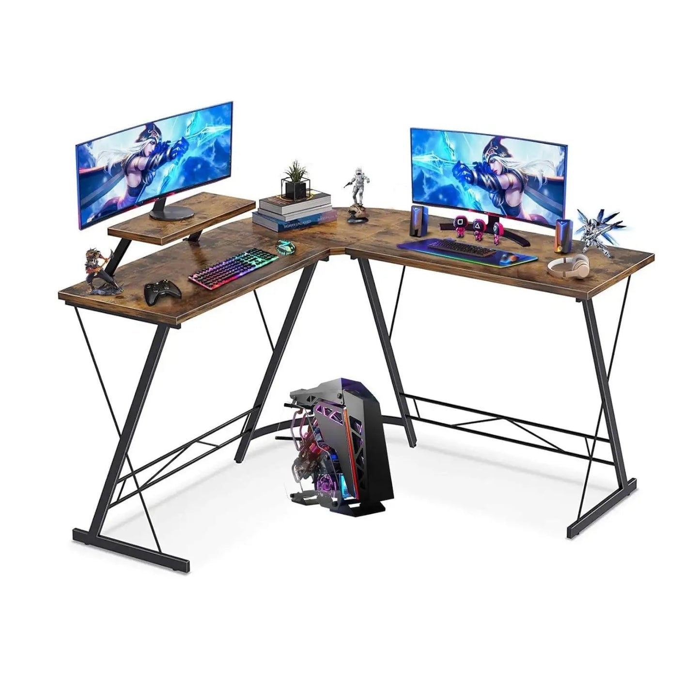 L Shaped Gaming Desk Home Office Desk，Round Corner And Shelf With Monitor Stand Desk Wood,Natural Brown 129*129*74cm