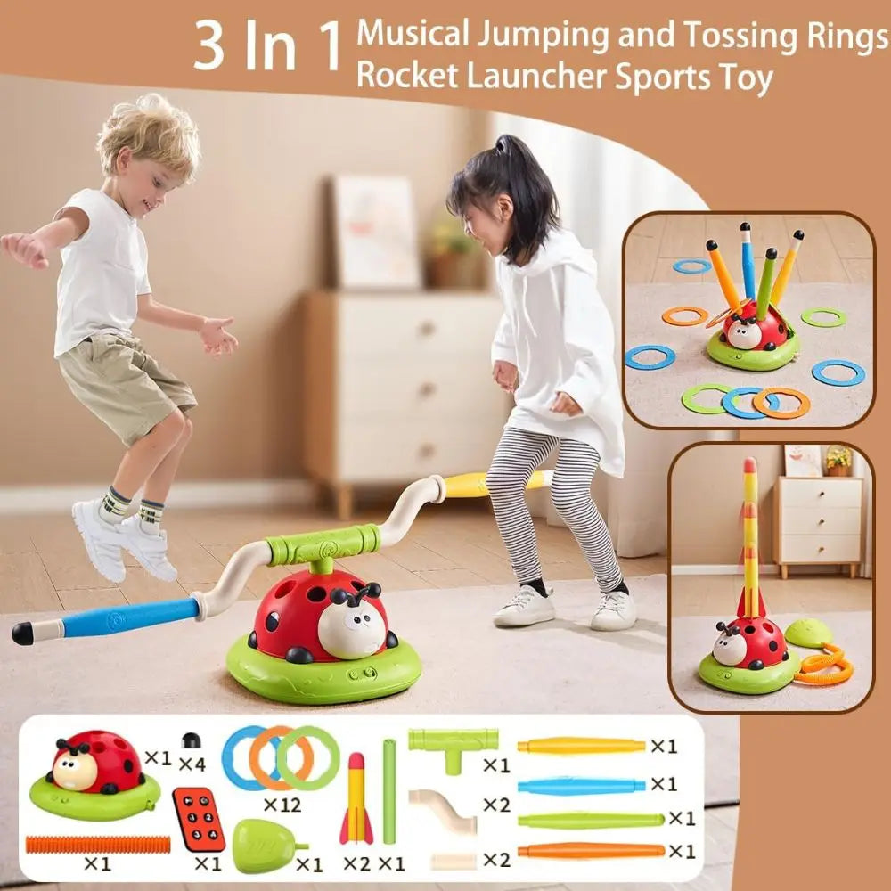 Ladybug Exercise Machine Toy For Children Parent-child Interactive,3 in 1 Musical Skipping Rope, Rocket Launcher,Toss Ring Game