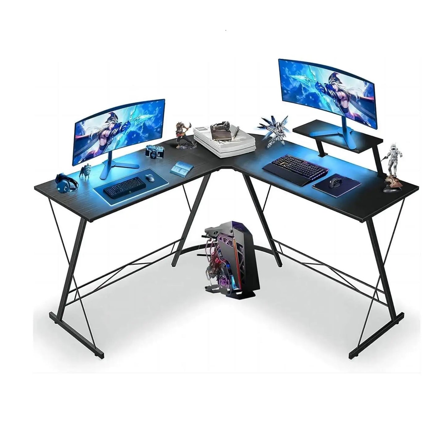 L Shaped Gaming Desk Home Office Desk，Round Corner And Shelf With Monitor Stand Desk Wood,Natural Brown 129*129*74cm