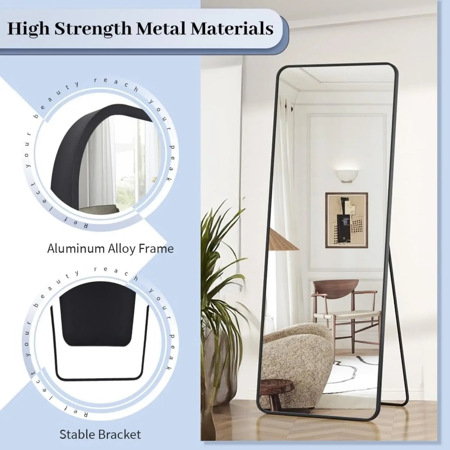 Full Body Mirror 155x45cm, Floor Mirrors with Aluminum Alloy Frame Free-Standing Leaning Large Bedroom Dressing Mirror,  White