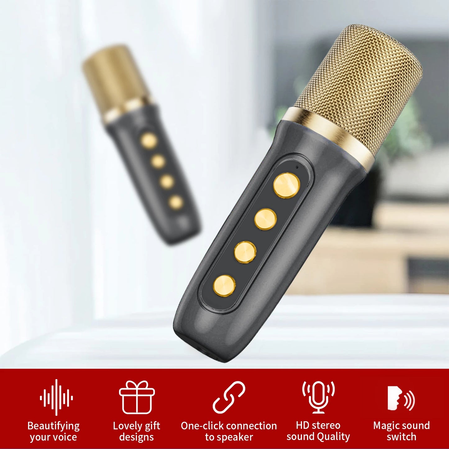 YS-105 10W Rechargeable Dual Mic Microphone Karaoke Machine Palm KTV Handheld Speaker Wireless Soundbox Gold