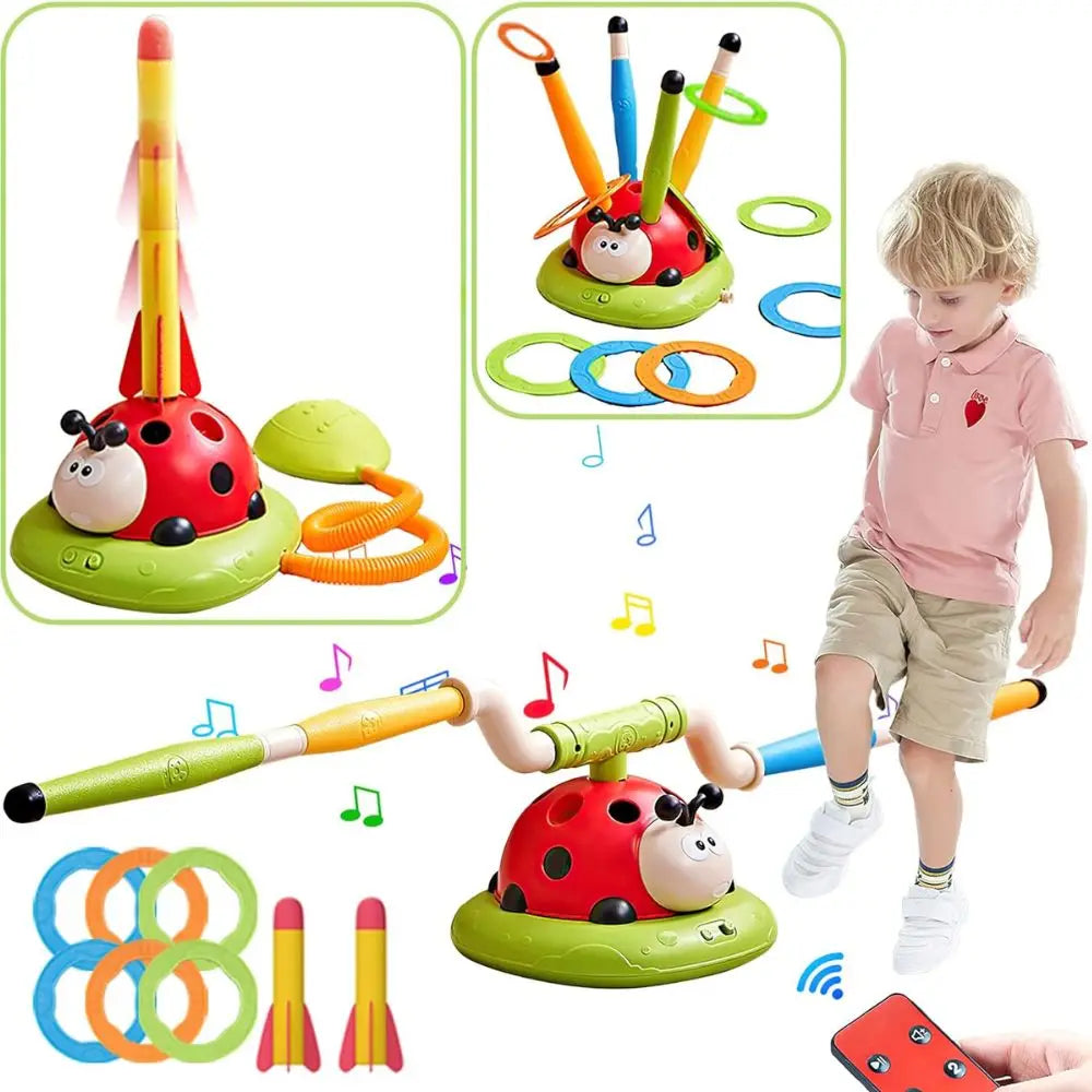 Ladybug Exercise Machine Toy For Children Parent-child Interactive,3 in 1 Musical Skipping Rope, Rocket Launcher,Toss Ring Game