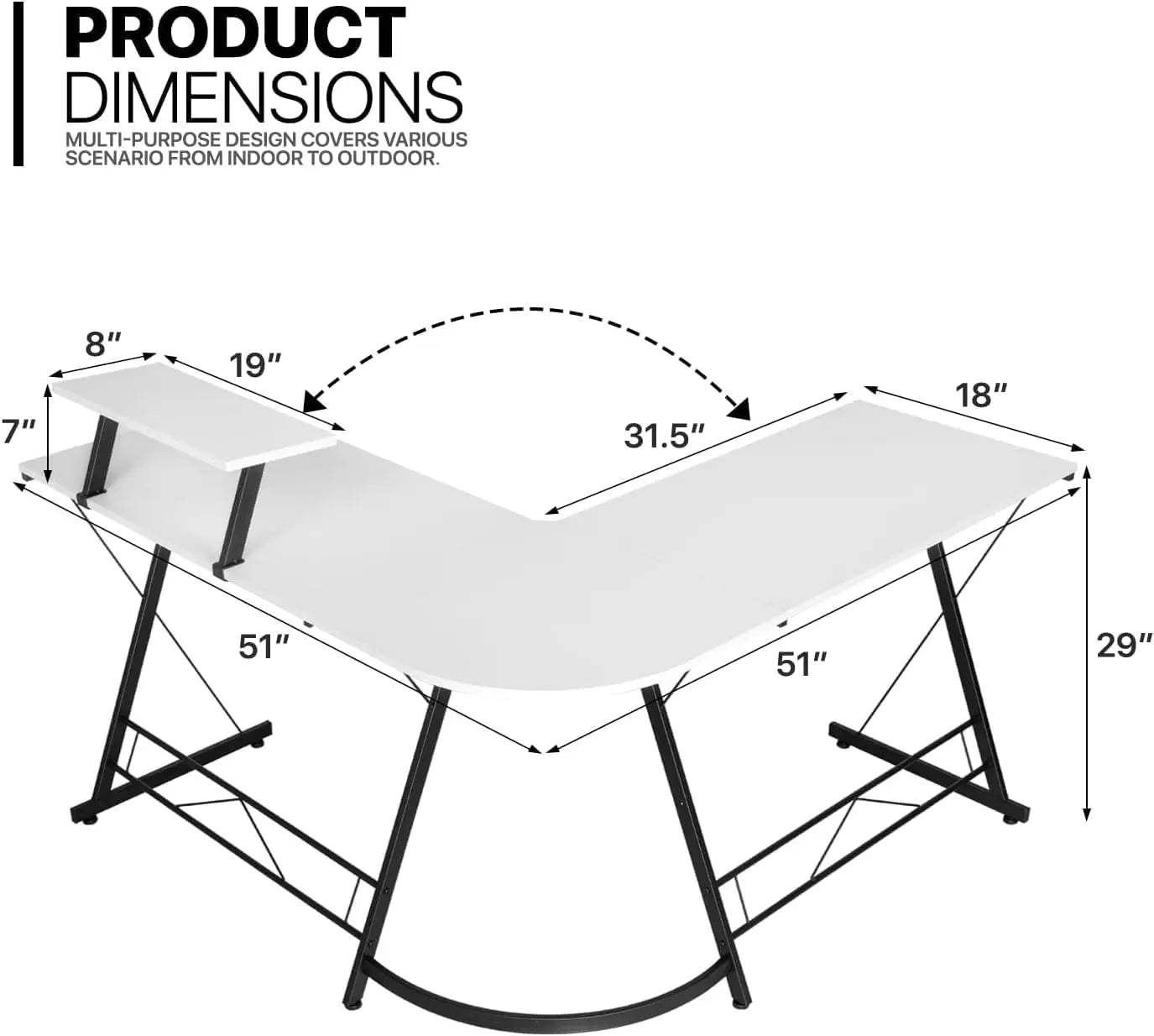 L Shaped Desk，Gaming Desk Large Monitor Stand Corner Study Writing Workstation White 129 * 129 * 74 cm