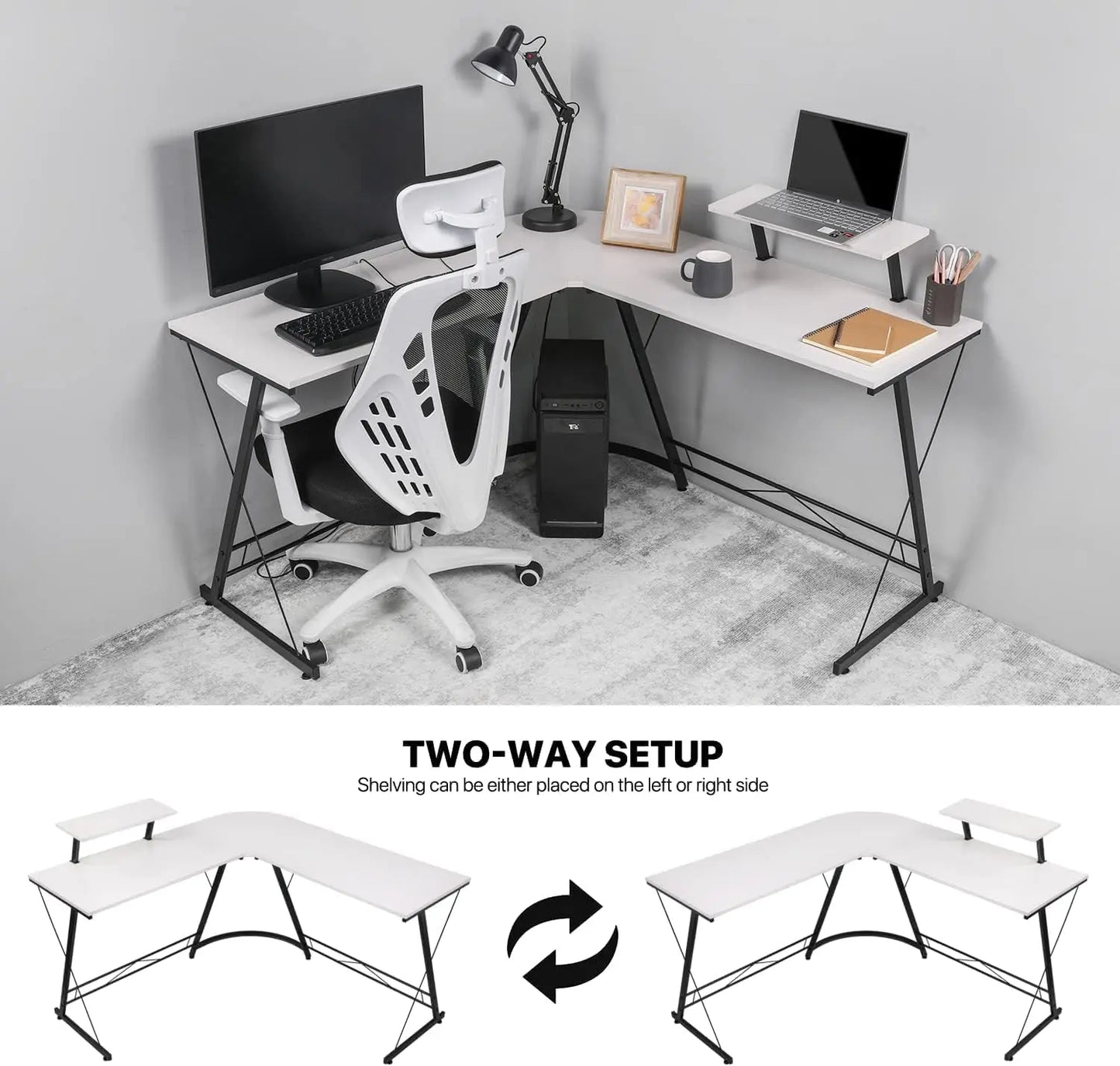 L Shaped Desk，Gaming Desk Large Monitor Stand Corner Study Writing Workstation White 129 * 129 * 74 cm