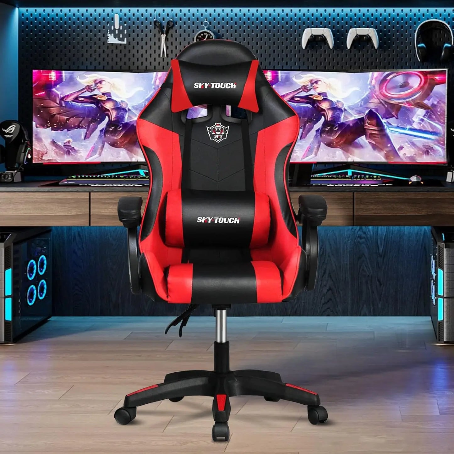 Gaming chair Adjustable Computer chair Pc office Pu Leather HighBack, Ergonomic Lumbar Support,Armrest  Pillow Red