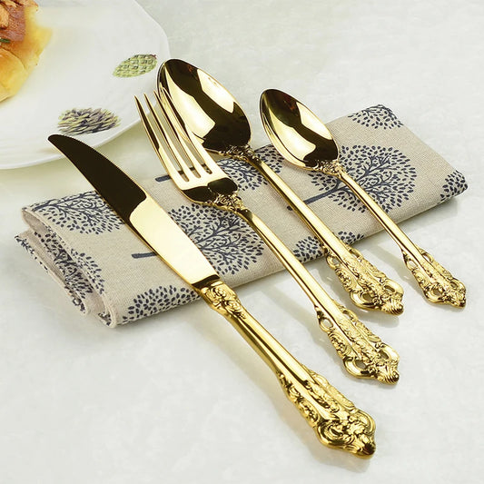 Gold Plated Relief Retro Vintage Western Cutlery Dining Knives Forks Teaspoon Set Golden Luxury Dinnerware Tableware Set