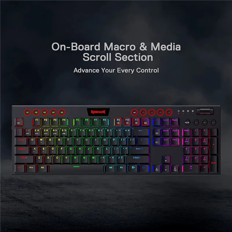 Redragon K618 Horus Wireless RGB Mechanical Keyboard Bluetooth/2.4Ghz/Wired Tri-Mode Ultra-Thin Low Profile Linear Red Switch