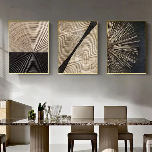 Abstract Retro Black Gold Wood Art Posters, Wood grain rings, Tree Ring Radial Lines Nordic Canvas Picture Home Decor Paintings