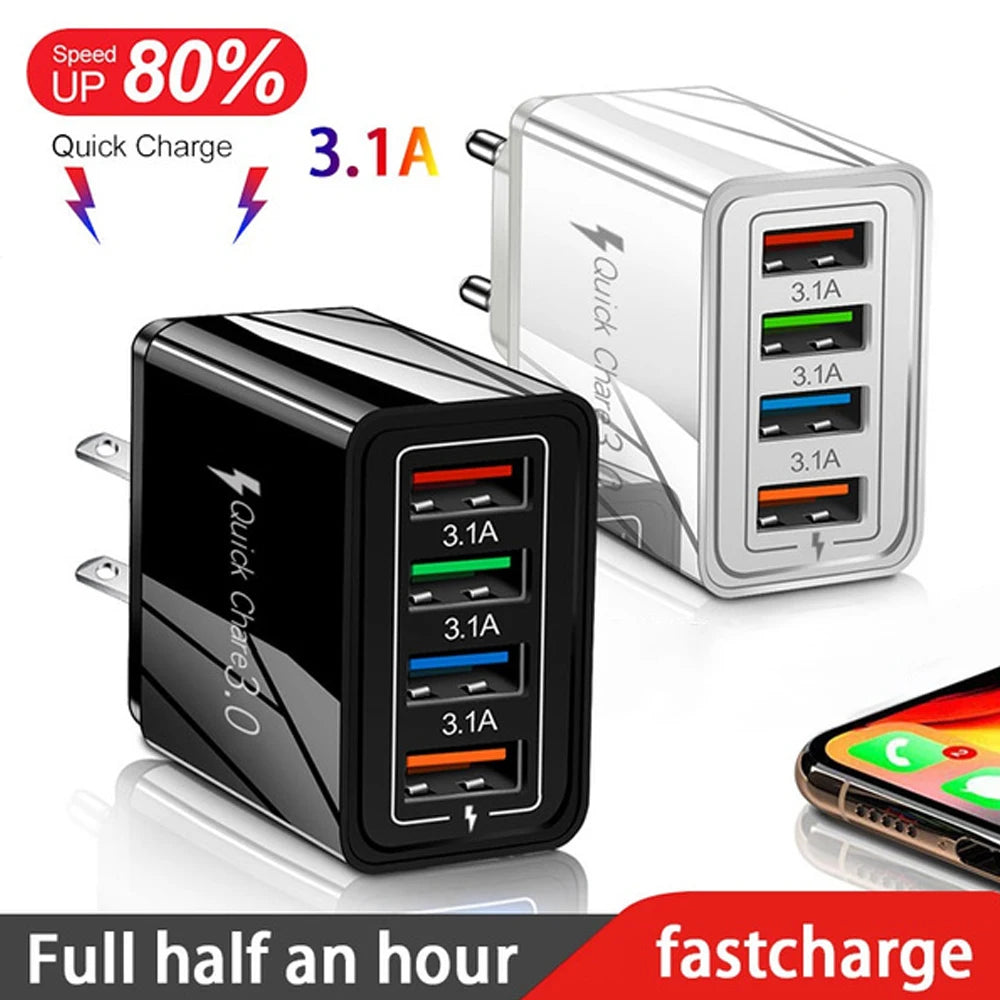 3A USB Charger 4 Port USB Quick Charge 3.0 EU US Plug Mobile Phone Charger Wall Adapter Portable Fast Charging For iPhone 16 Pro