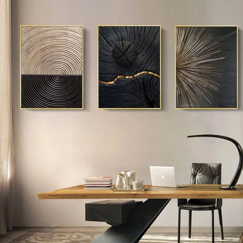 Abstract Retro Black Gold Wood Art Posters, Wood grain rings, Tree Ring Radial Lines Nordic Canvas Picture Home Decor Paintings