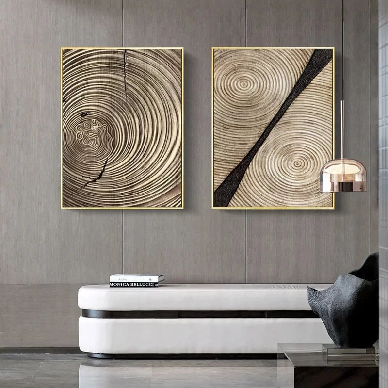 Abstract Retro Black Gold Wood Art Posters, Wood grain rings, Tree Ring Radial Lines Nordic Canvas Picture Home Decor Paintings