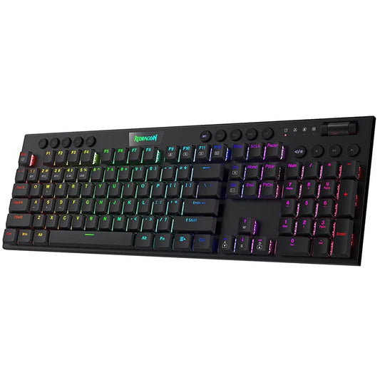 لوحة مفاتيح ميكانيكية Redragon K618 Horus لاسلكية RGB بتقنية البلوتوث/2.4 جيجاهرتز/سلكية ثلاثية الأوضاع ذات تصميم رفيع للغاية وخفيف الوزن ومفتاح خطي أحمر