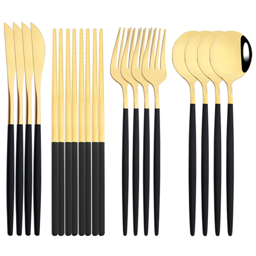 12-16Pcs Chopsticks Knife Fork Spoon Cutlery Set Green Gold Dinnerware Set Luxury Stainless Steel Flatware Korean Tableware Set