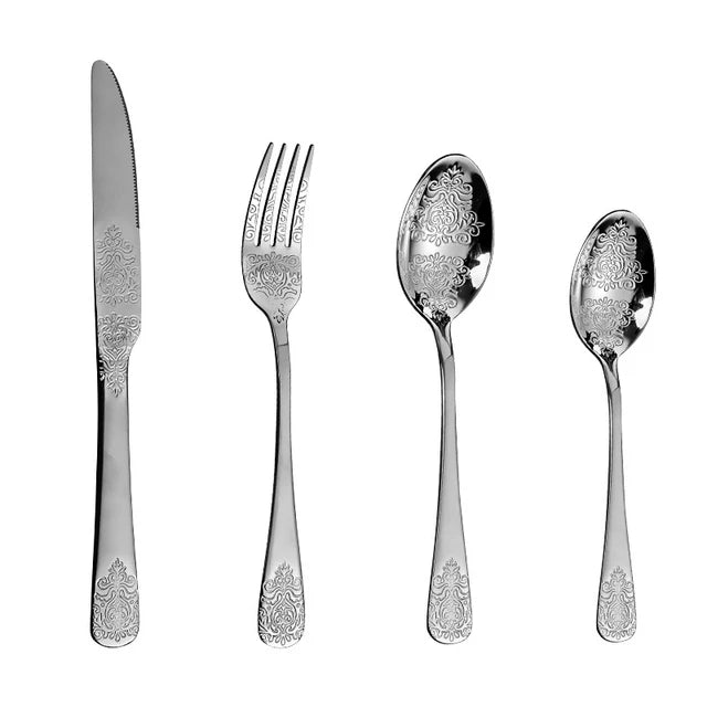 1/2/4/8/24 Pcs Gold Luxury Cutlery Sets Fork Spoon Knife Silverware Kit Vintage Carved Tableware Set European Dinnerware