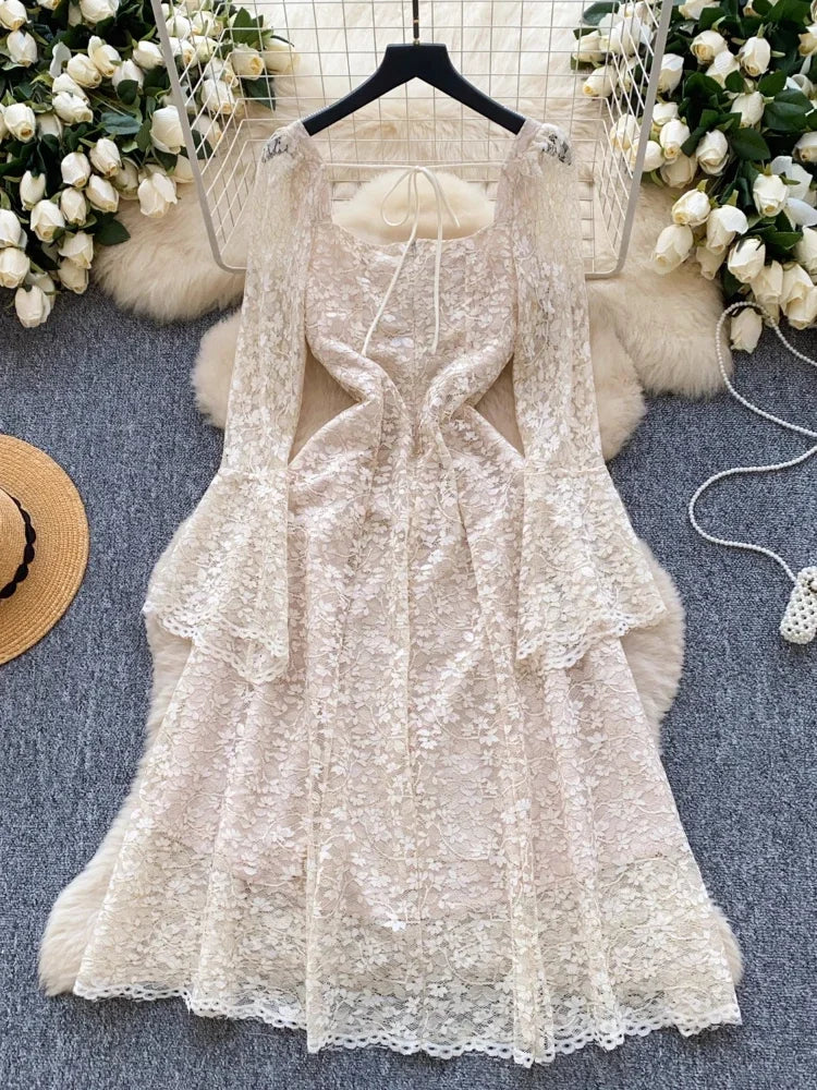 Spring France Elegant Vintage High End Evening Dress Women 3D Flower Lace Hollow Out Party Dress Female Casual Chic Clothing New