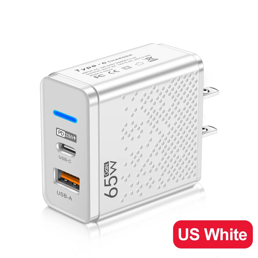 LED 65W USB-A + USB-C Fast PD Charger for iPhone Samsung Xiaomi Huawei Redmi Honor POCO USB Wall Charger Power Adapter EU/US/UK