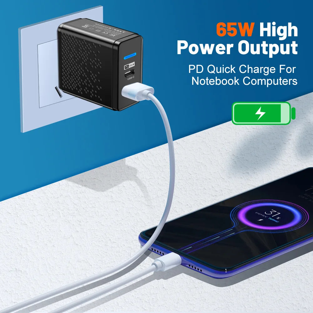 LED 65W USB-A + USB-C Fast PD Charger for iPhone Samsung Xiaomi Huawei Redmi Honor POCO USB Wall Charger Power Adapter EU/US/UK