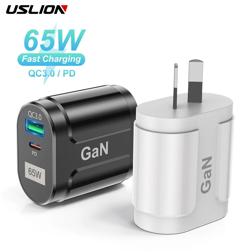 USLION 65W GaN USB Charger AU EU US UK Plug Fast Charging Tablet Laptop USB C Quick Charge QC 3.0 Mobile Phone Charger Travel