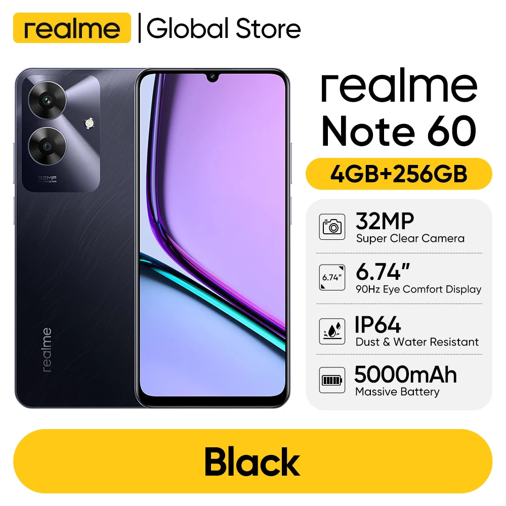 هاتف realme Note 60 بشاشة 6.74 بوصة ومعدل تحديث 90 هرتز وكاميرا فائقة الوضوح بدقة 32 ميجابكسل وبطارية 5000 مللي أمبير في الساعة IP64 مقاومة للماء والسقوط وحماية شاملة