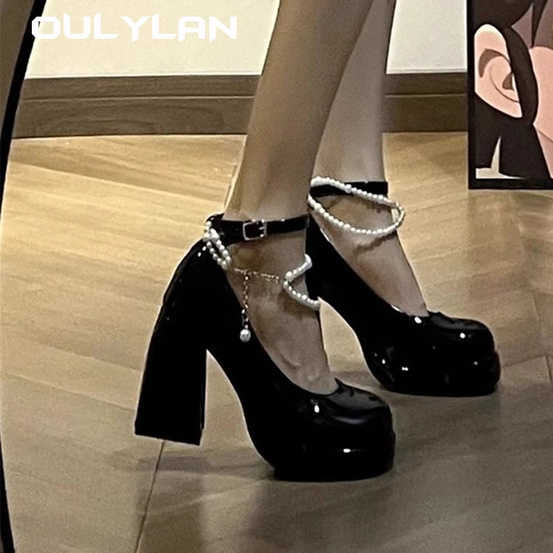 Oulylan New Ladies High Heels Elegant Toe Black High Heels Fashion Thick Heel Wedding Party Pearl Lace Wedding Shoe