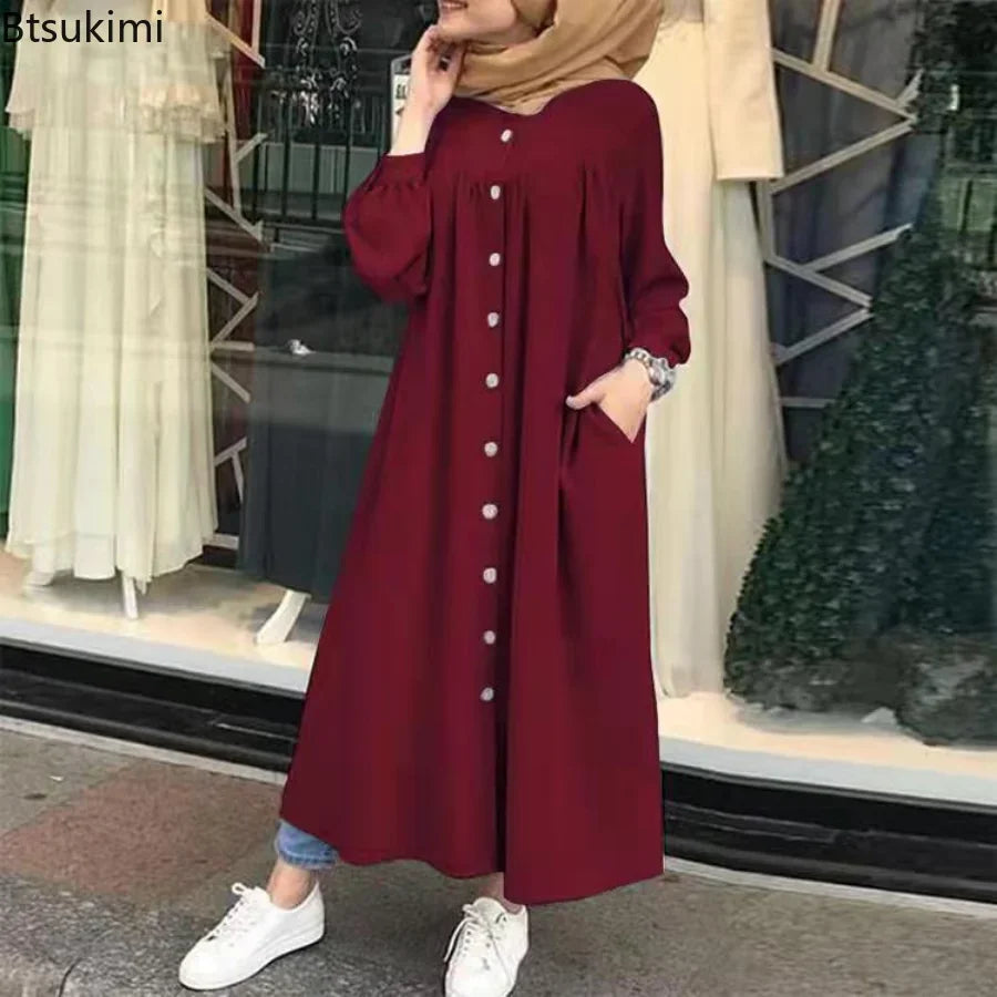 فستان إسلامي كاجوال نسائي مقاس كبير 4XL 5XL بأكمام طويلة وأزرار وجيوب وعباءات للنساء فستان عباية مفتوح