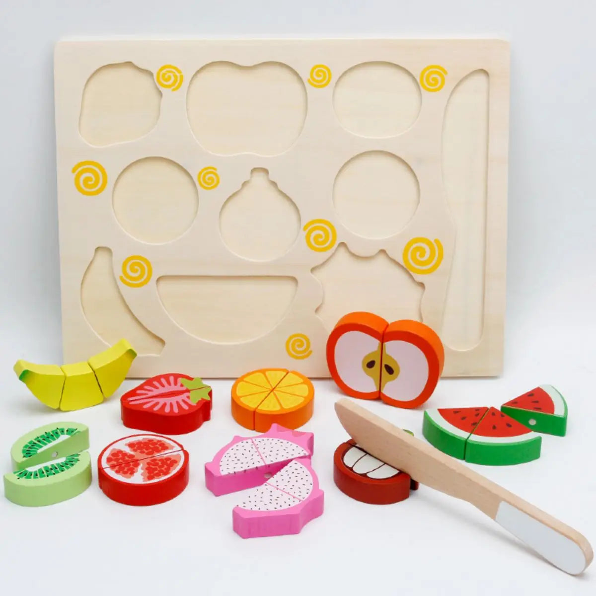 2 Sets of Wooden Magnetic Puzzles, Educational Toys for Kids, Sliceable Fruits & Vegetables, Kitchen Games with Cutting Boards