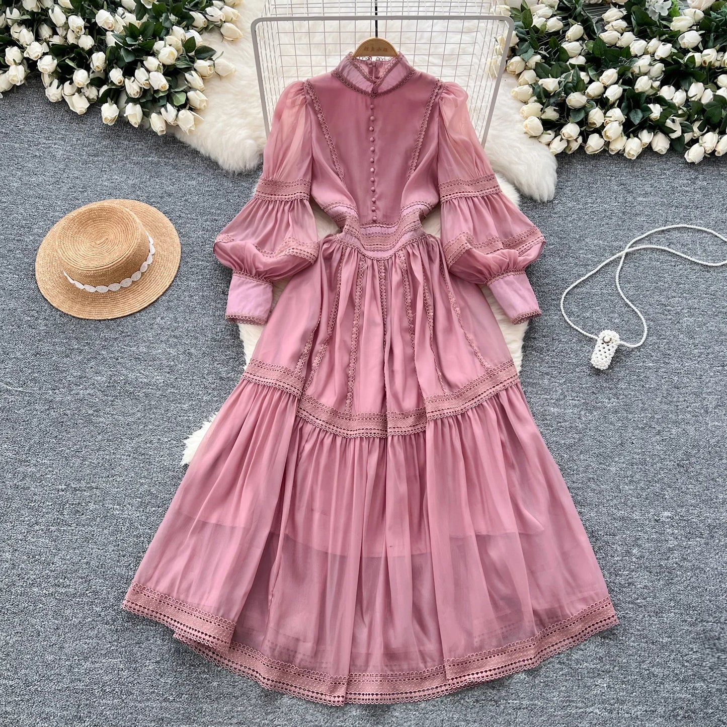 Elegant Long Lantern Sleeve Vintage Stand Collar Chic Lace Spliced Slim Dresses French Evening High Street Autumn Women Clothing