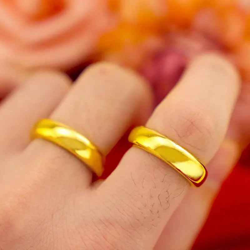 UMQ 24K Pure Plated Real 18k Yellow Gold 999 24k Plain Smooth Face Personality Money Seeking Couple Ring for Men and Women Coupl