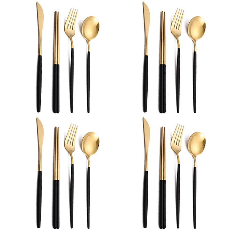 12-16 Pcs Black Gold Cutlery Set Chopsticks Knife Fork Spoon Golden Stainless Steel Korean Dinnerware Set Luxury Tableware Set