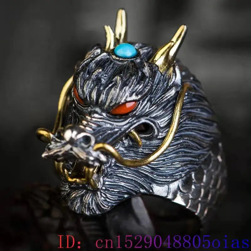 925 Silver Turquoise Dragon Ring Charm Amulet Vintage Real Jewelry Talismans Gifts Designer Luxury Natural Jade Fashion