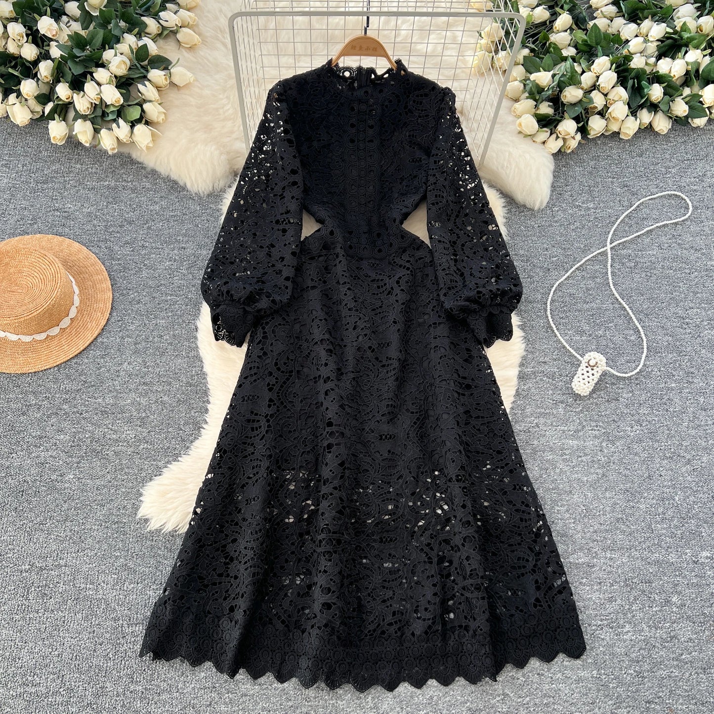 Elegant Long Lantern Sleeves Vintage O-neck Chic Hollow Out Hook Flower Slim Dresses Fashion Evening High Street Autumn Clothing