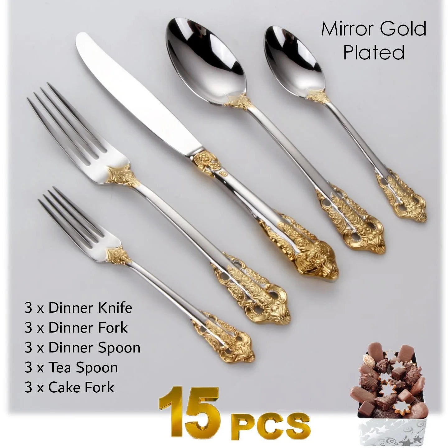 Gorgeous Gold-Plated Cutlery Set 5/10/15/20/25/30 PCS Luxury Stainless Steel Flatware Set Baroque Hollow Handle Dinner Knife