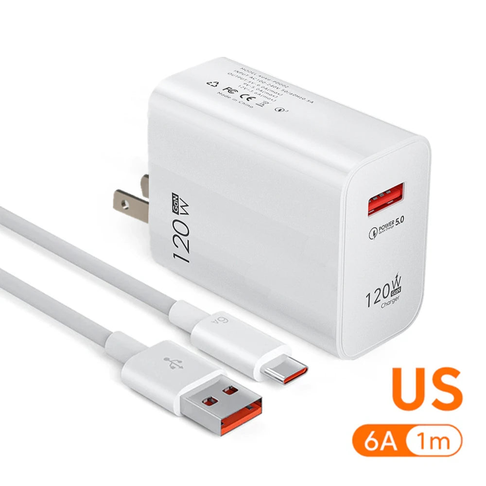 شاحن سريع 120 وات USB، كابل شحن سريع 3.0 USB C، كابل شحن من النوع C، محول شاحن الهاتف لهاتف iPhone 14 وXiaomi وSamsung وHuawei