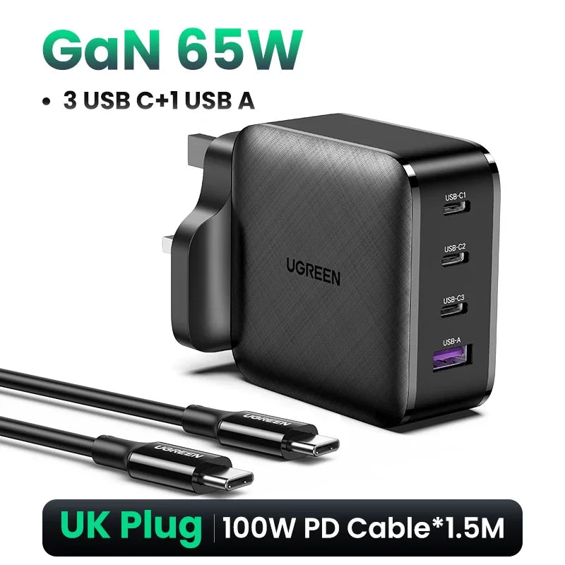 شاحن UGREEN UK Plug GaN 100W 65W سريع QC 4.0 3.0 لجهاز Macbook Air Tablet iPhone 16 15 14 Pro Max Xiaomi USB Type C PD Charger