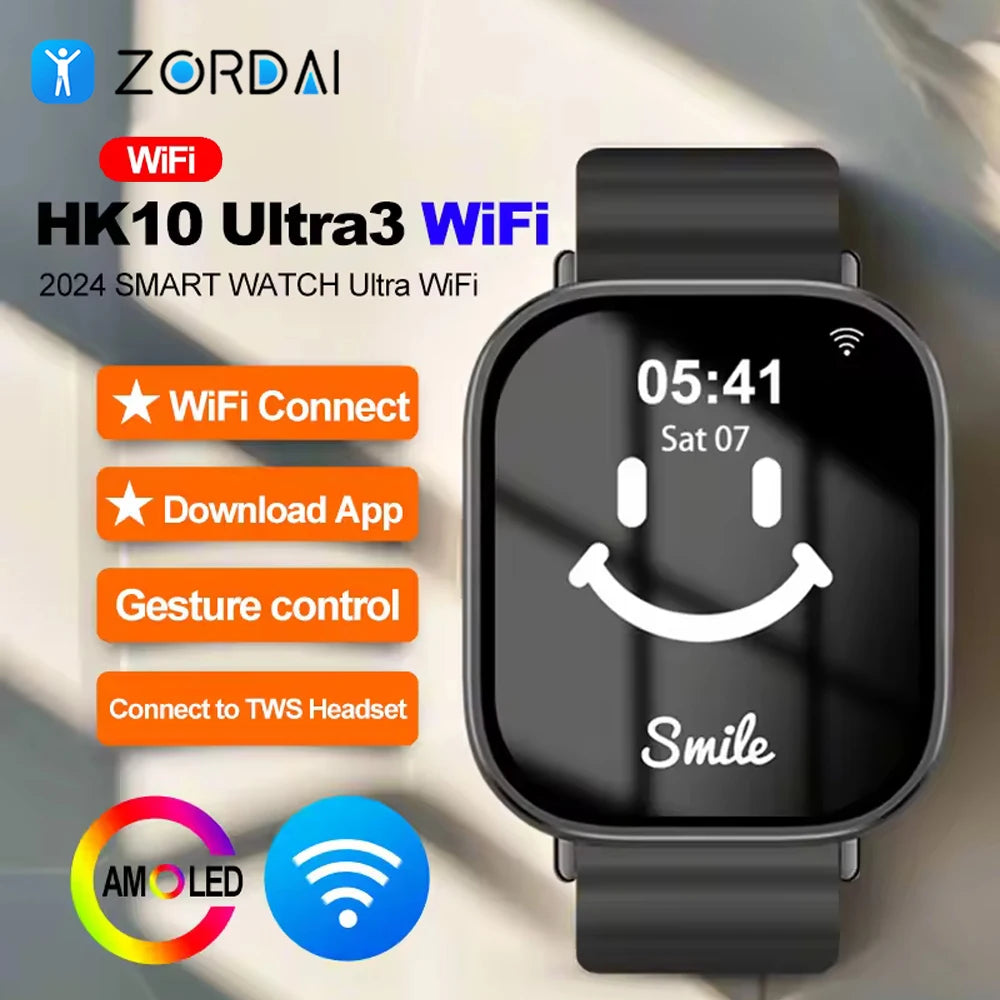 ساعة ZORDAI HK10 Ultra 3 الذكية بتقنية WiFi وشاشة AMOLED للرجال والنساء، ساعة رياضية NFC، بوصلة، دردشة، اتصال، بلوتوث، ساعة ذكية HK10 Ultra 3 WF