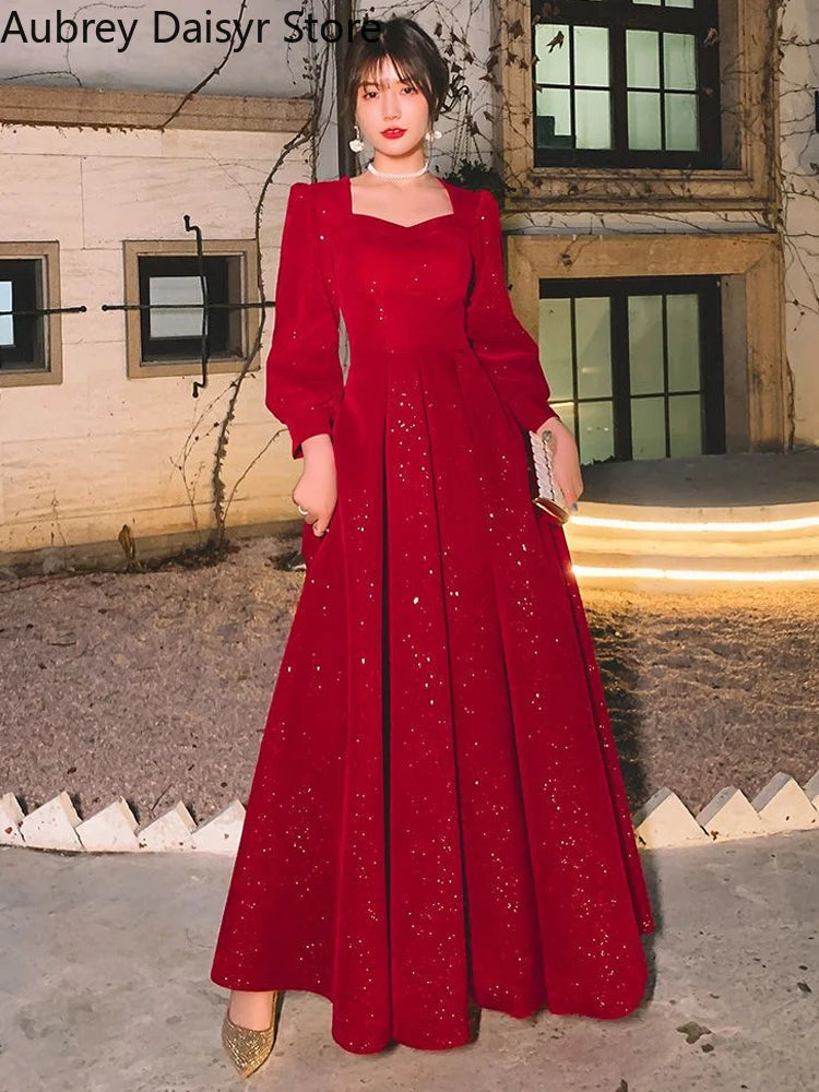 Elegant Red Sequins Midi Dress Women Vintage V-neck Formal Occasions Evening Party Dresses Fashion Chic Design New in Dresses