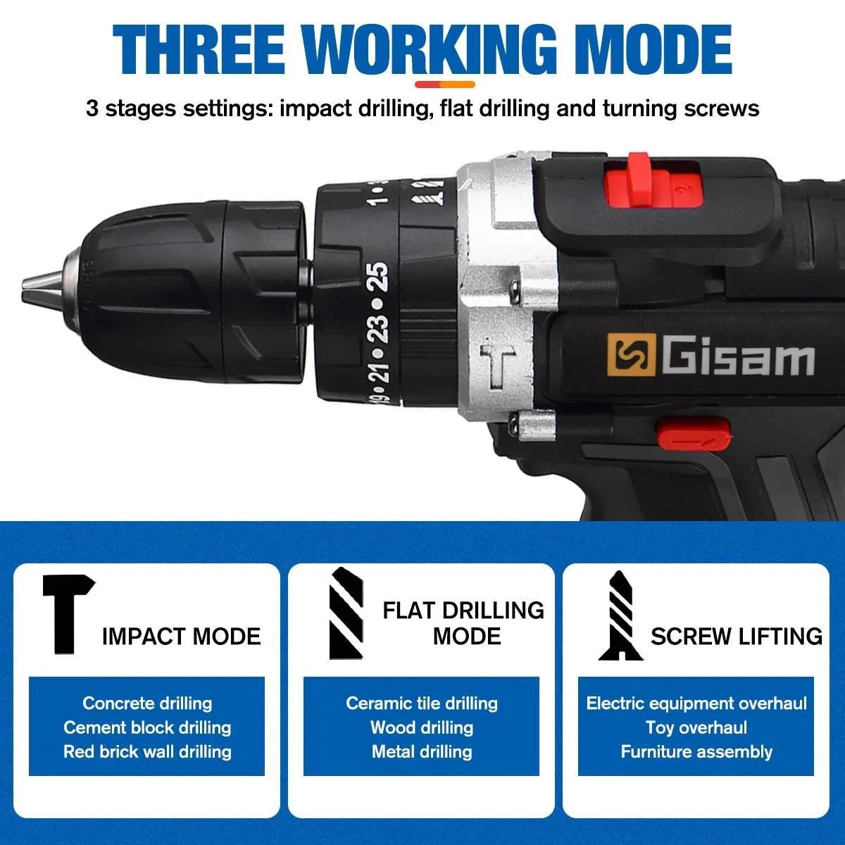 Gisam 88VF Electric Impact Drill Cordless Electric Screwdriver Drill Rechargeable Lithium Battery 2 Speeds Household Power Tools