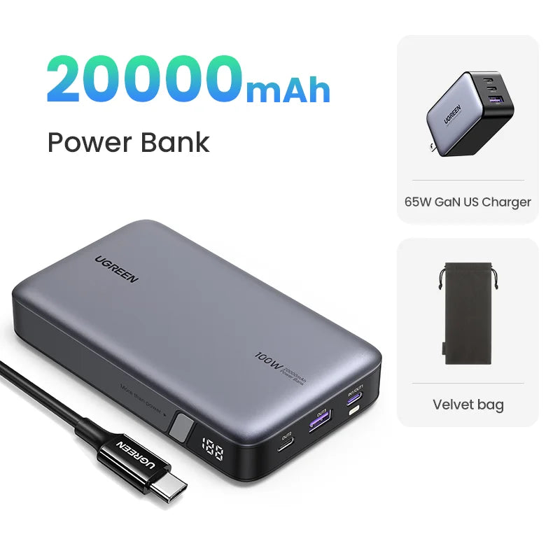 UGREEN 100W 20000mAh Power Bank Portable PD Fast Charging PowerBank for iPhone 15 Laptop Notebook  Fast Charge External Battery