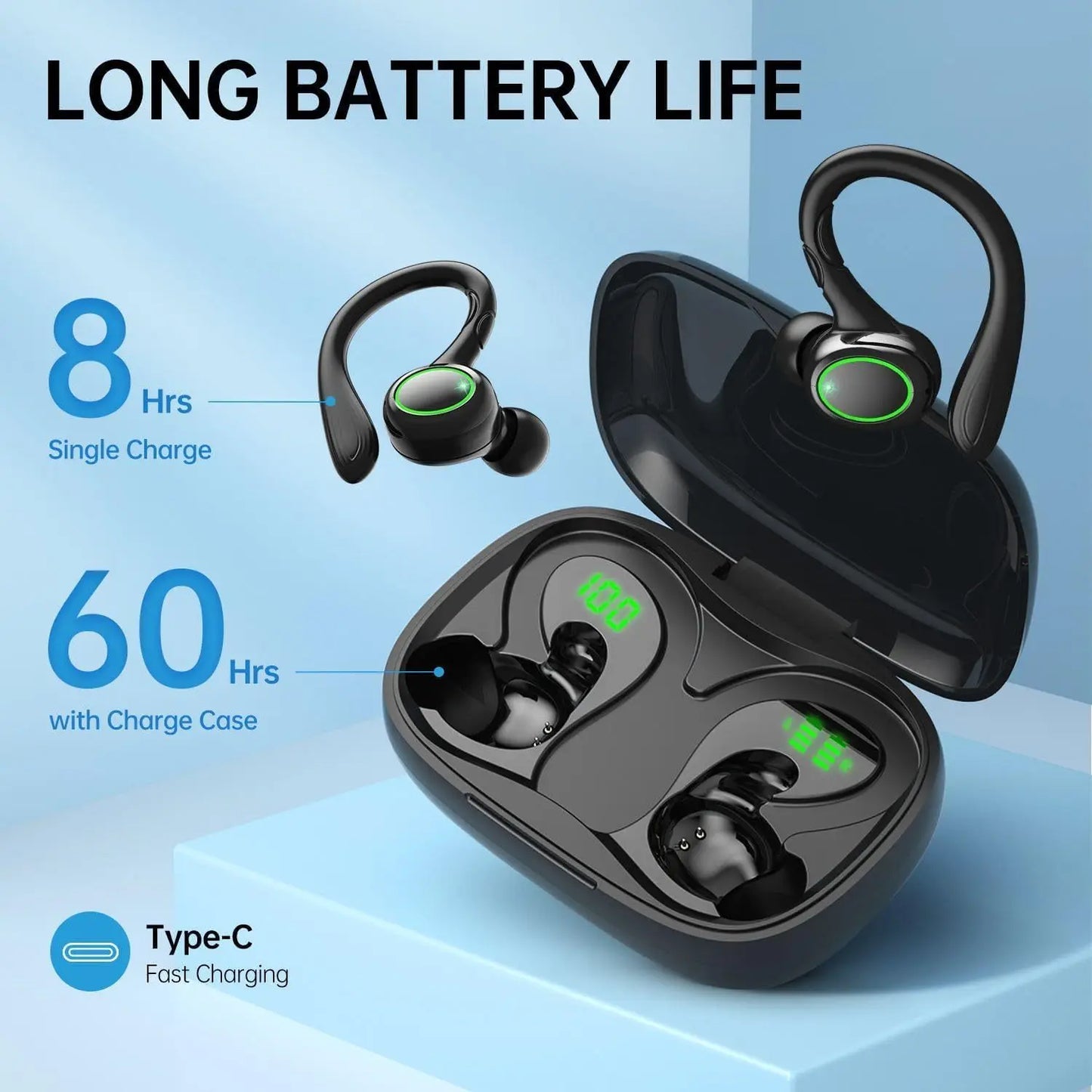 TWS Earhook Earbuds, True Wireless Stereo Earphones, Waterproof Sport Headset, Noise Cancelling Headphones With LED Charging Cas