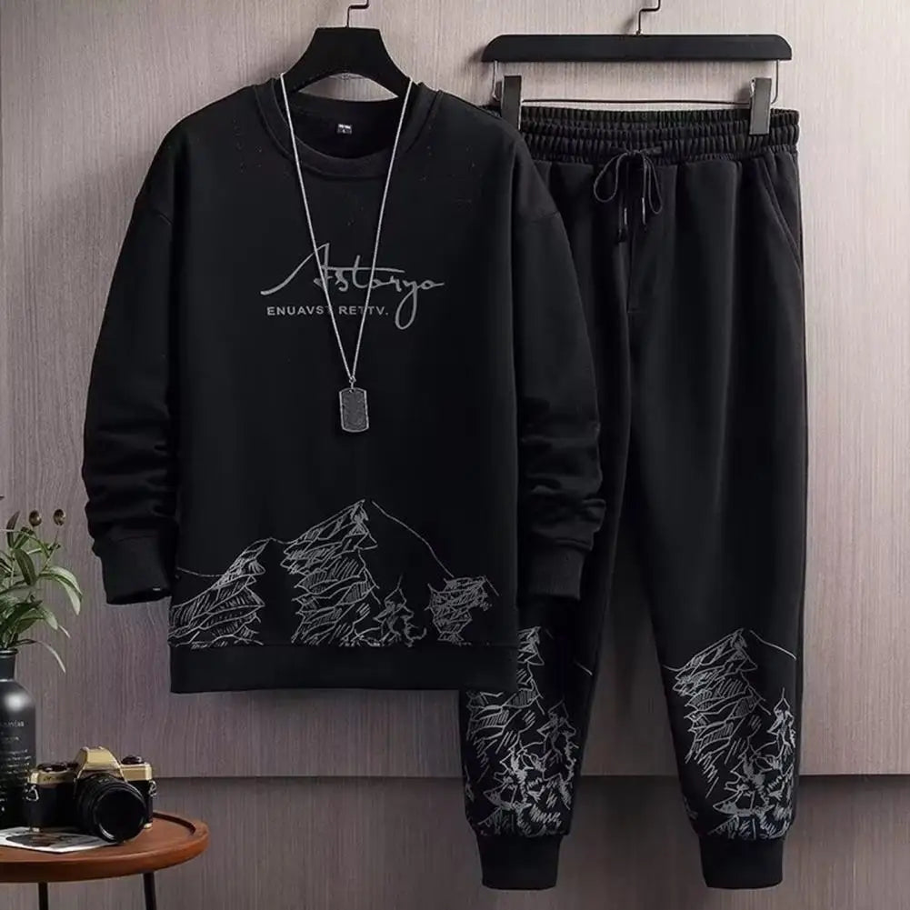 Comfortable Men Track Suit Men's Mountain Print Tracksuit Set with O-neck Sweatshirt Drawstring Jogger Pants for Autumn Winter