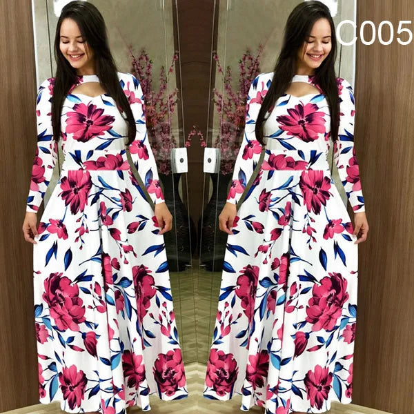 Spring /Autumn Fashion Flower Long Sleeved O-Neck Hollow Slim Fit Dress Women Elegant Long Vestido Maxi Clothes Robe Sexy Femme