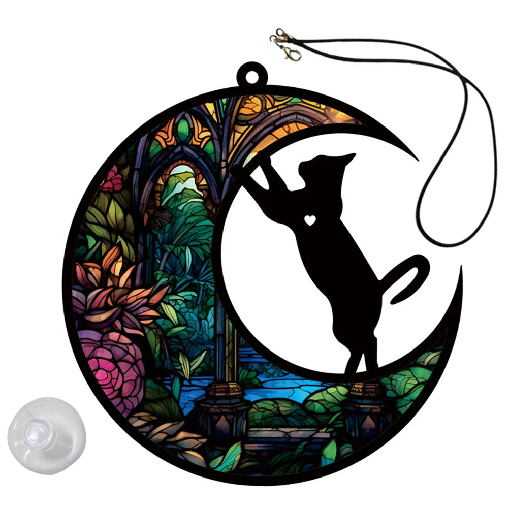 Cat Wall Hanging Acrylic Window Decor Moon Ornament Sculpture Crafts Pendant Decoration