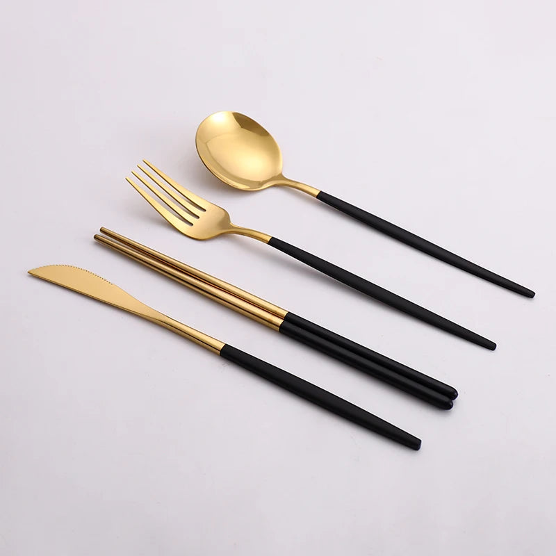 12-16 Pcs Black Gold Cutlery Set Chopsticks Knife Fork Spoon Golden Stainless Steel Korean Dinnerware Set Luxury Tableware Set