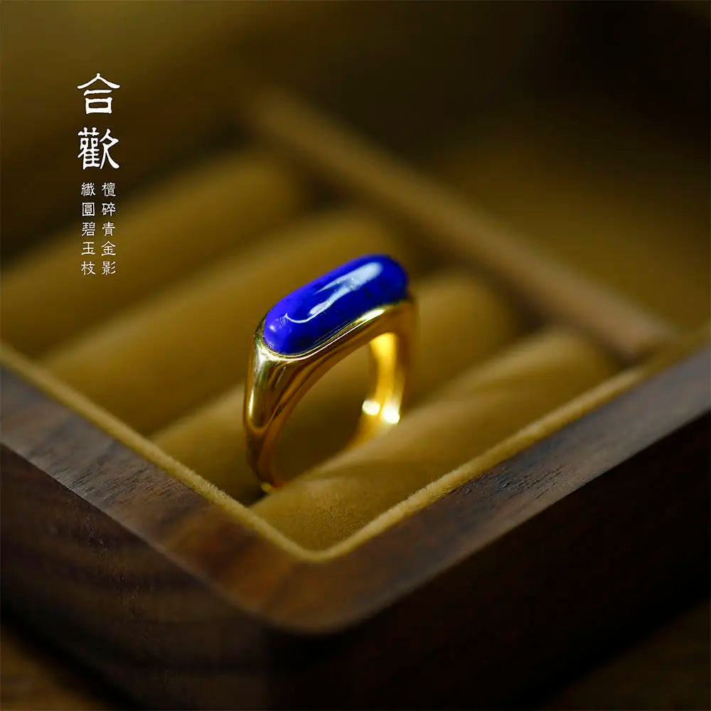 Natural Lapis Lazuli Blue Ring Old Material Emperor Green S925 Silver Gold Plated Niche Design Retro French Adjustable Ring